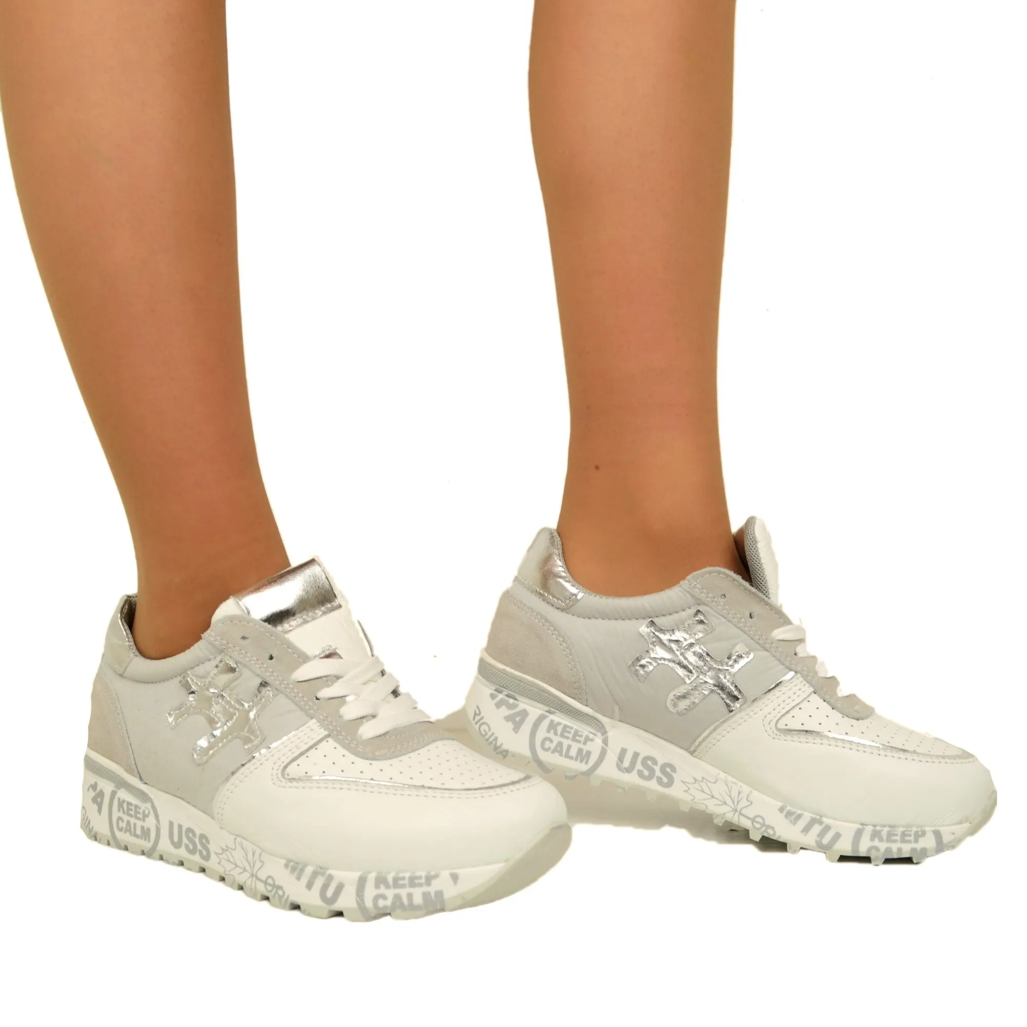 Sneakers Donna Made in Italy in Pelle Bianca e Tessuto Grigio