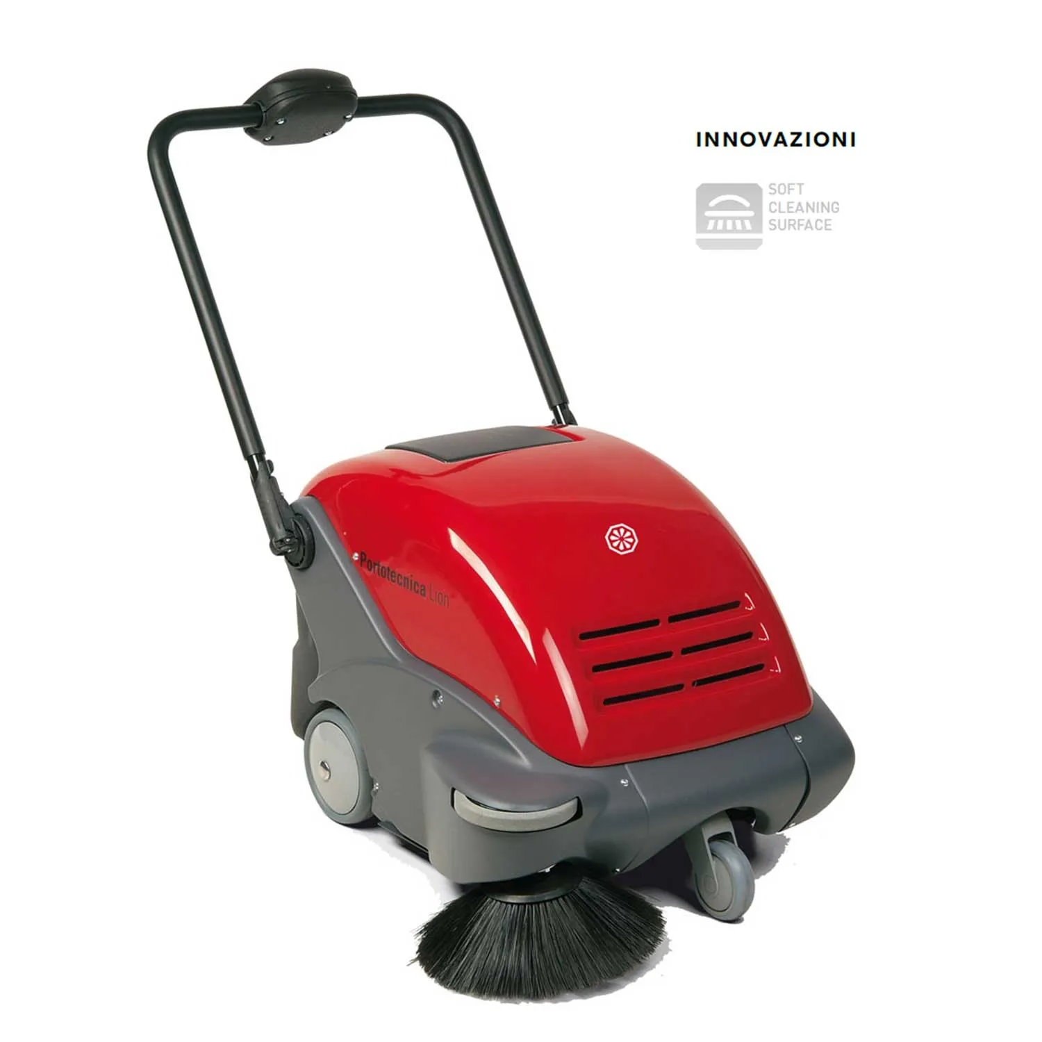 Spazzatrice uomo a terra Portotecnica Lion 460 a batteria 12V 320 W produttività max 2187 m2/h pista spazzola centrale  460mm