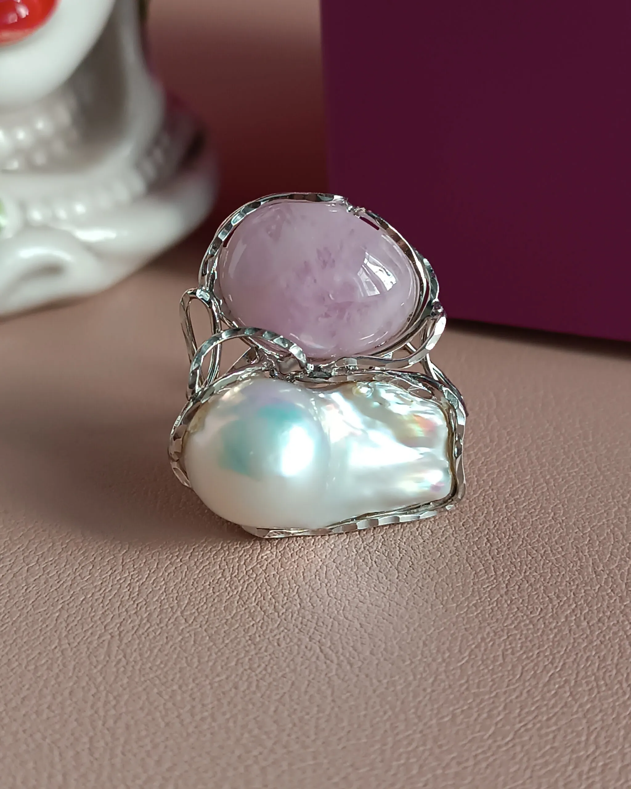 Statement Ring with Baroque Pearl and Kunzite Stone