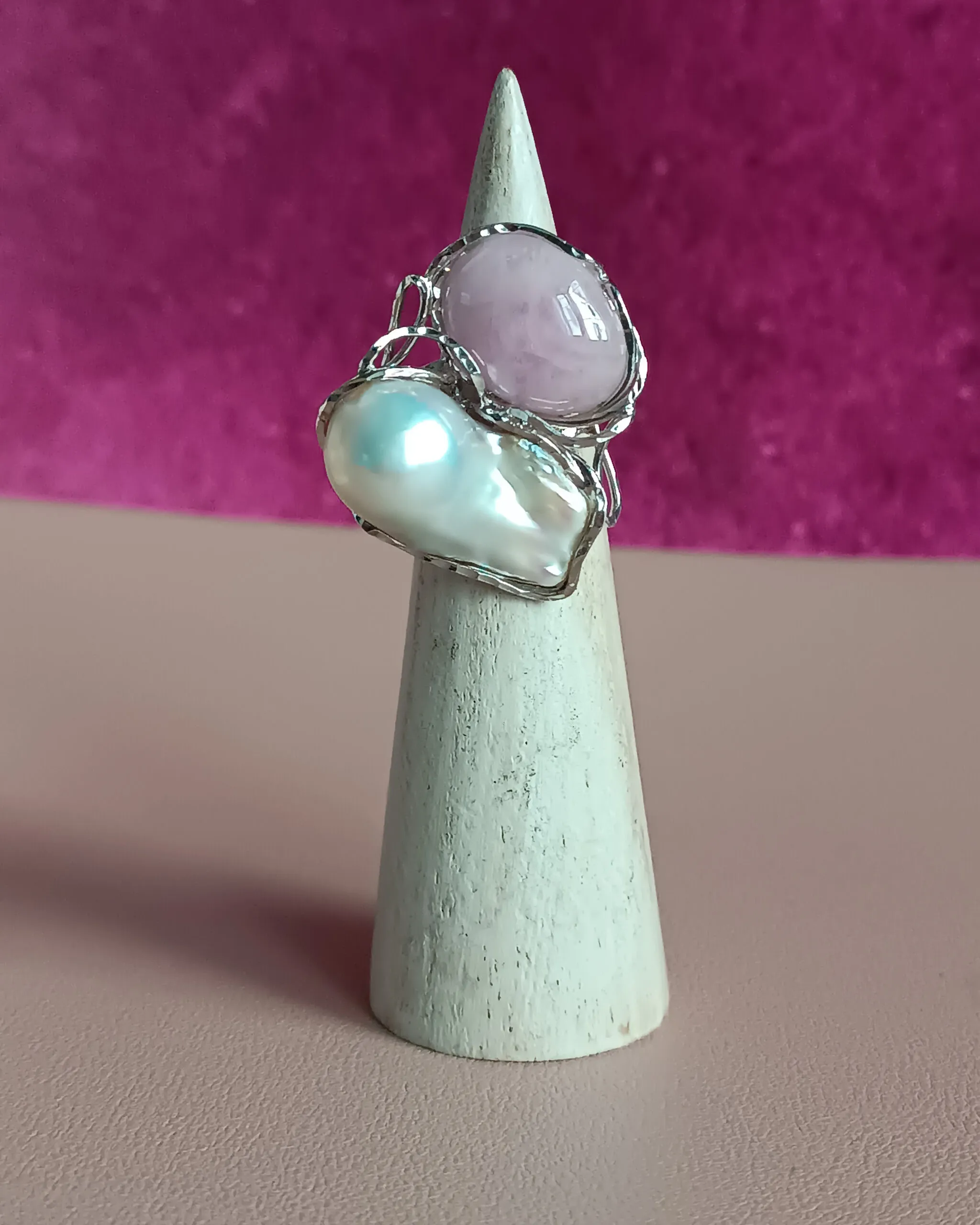 Statement Ring with Baroque Pearl and Kunzite Stone