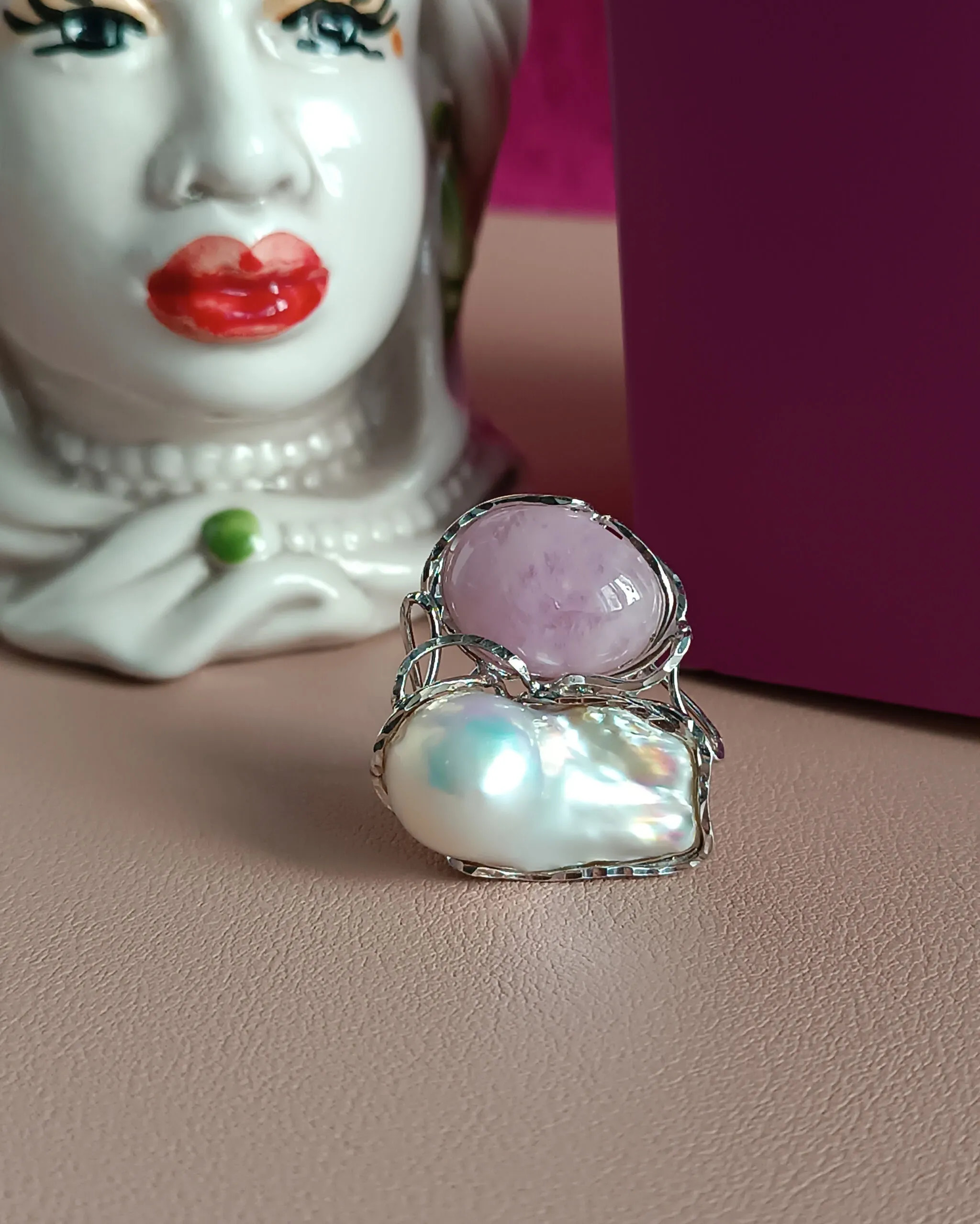 Statement Ring with Baroque Pearl and Kunzite Stone