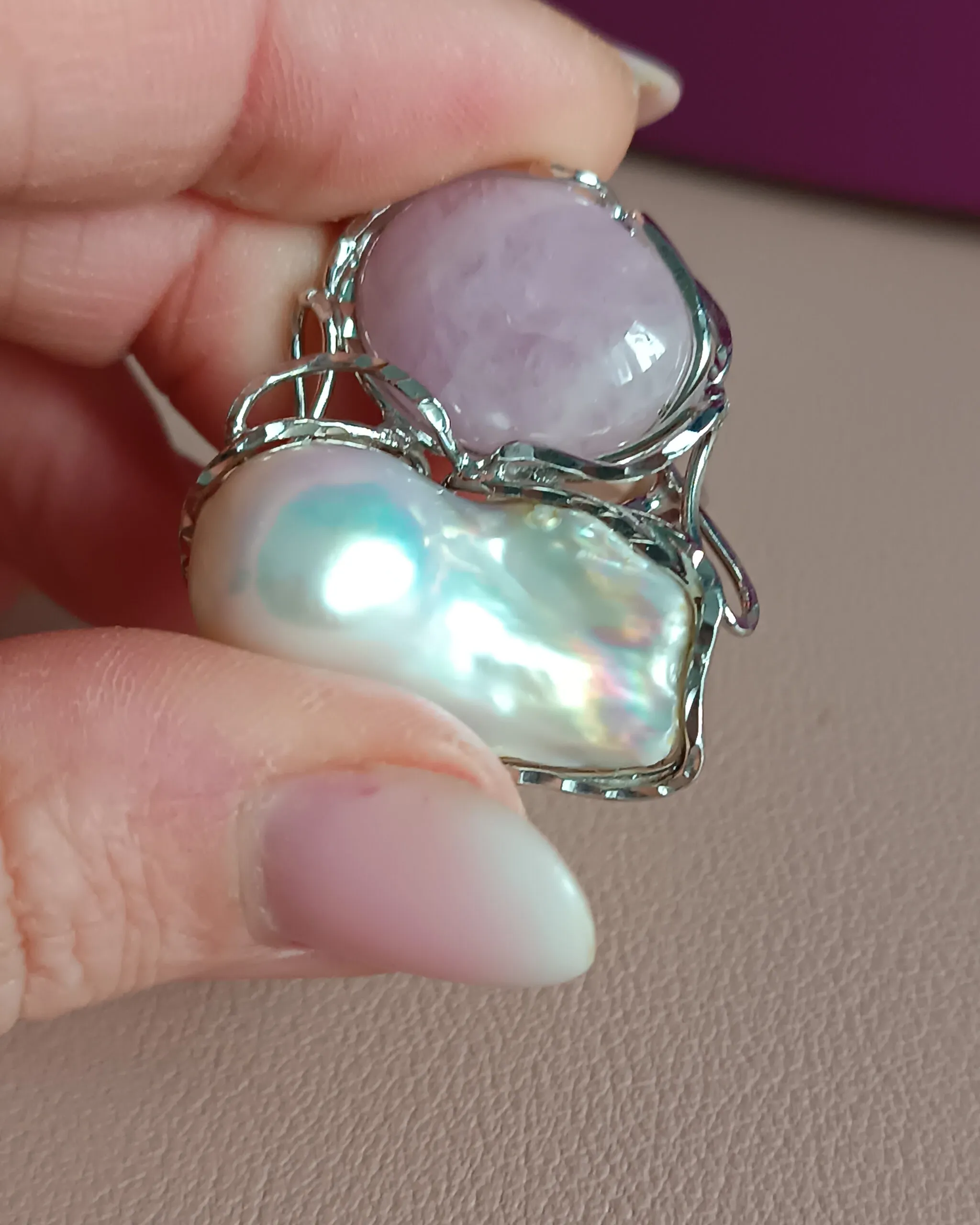 Statement Ring with Baroque Pearl and Kunzite Stone