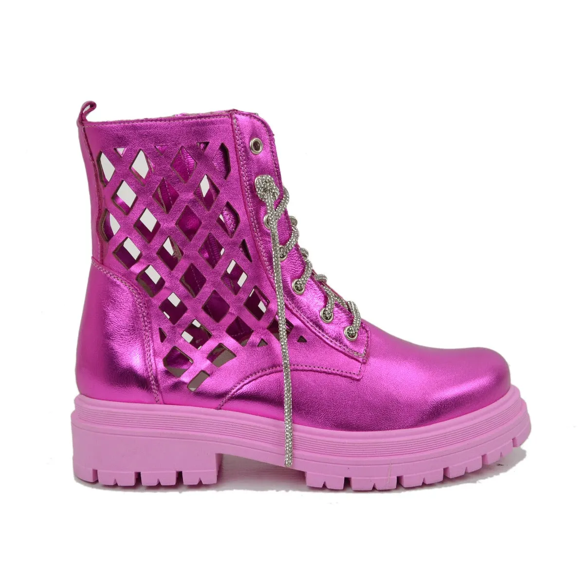 Stivaletti Donna Biker in Pelle Traforata Laminata Fuxia