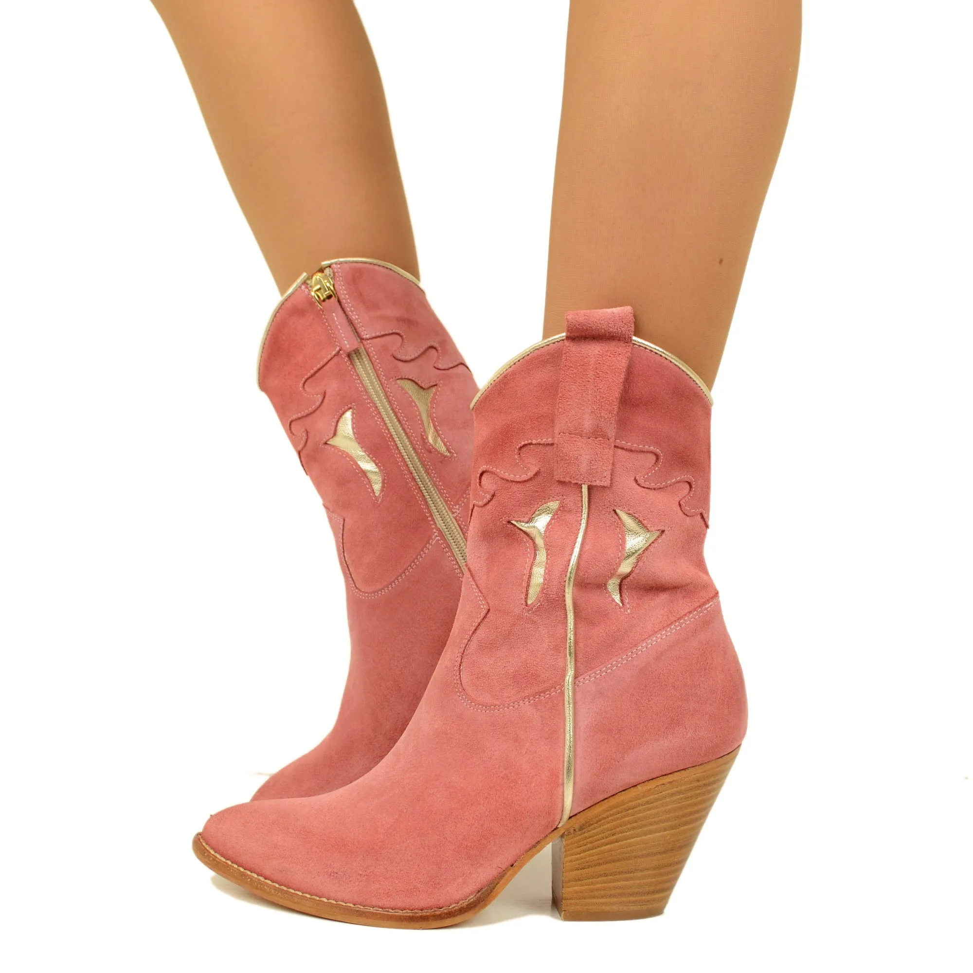 Stivaletti Texani Donna in Camoscio Rosa con Zip