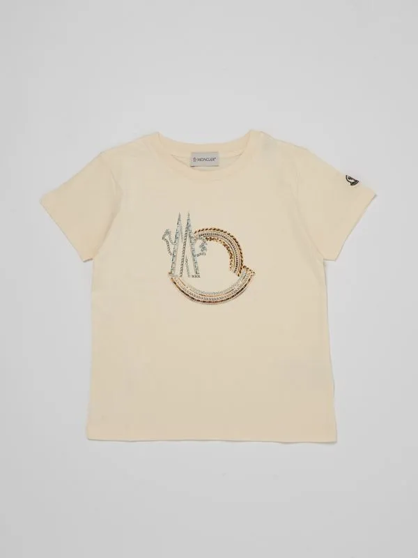 T-shirt bambina Moncler in cotone con stampa in rilievo Panna