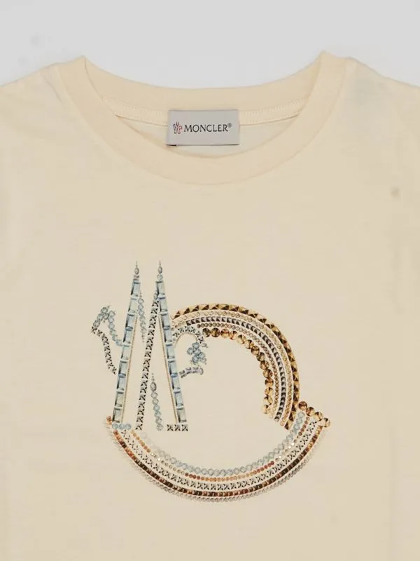 T-shirt bambina Moncler in cotone con stampa in rilievo Panna