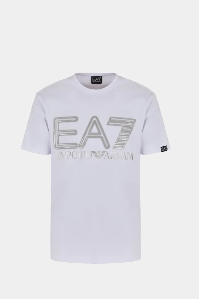 T-SHIRT BIANCO ARGENTO UOMO EA7 LOGO SERIES IN COTONE STRETCH 3DPT37