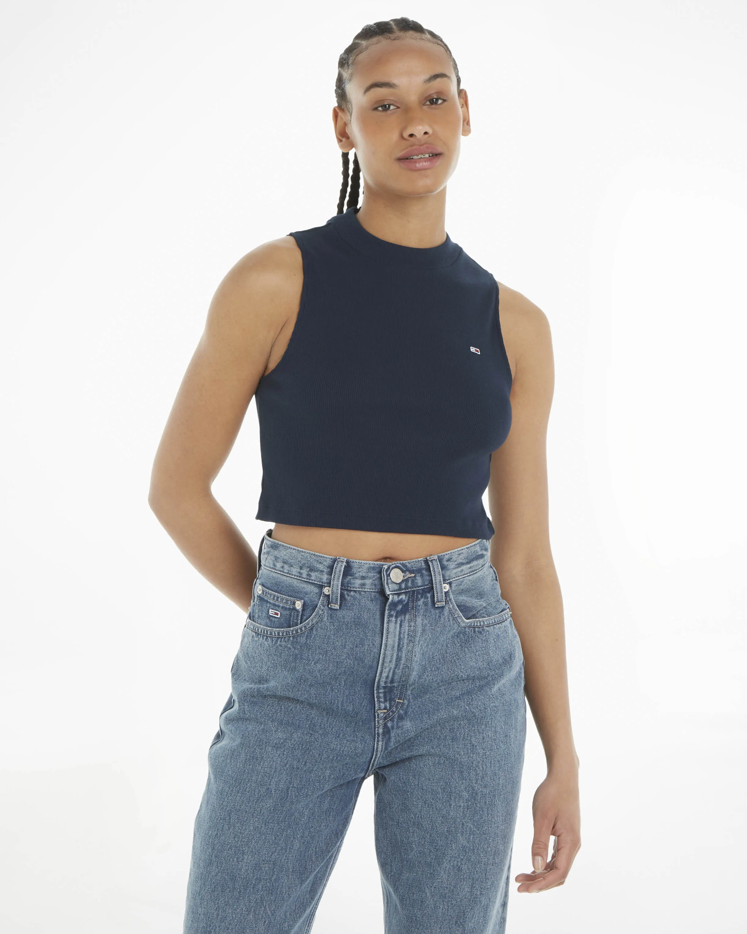 T-shirt blu cropped in misto cotone stretch a costine con colletto in piedi