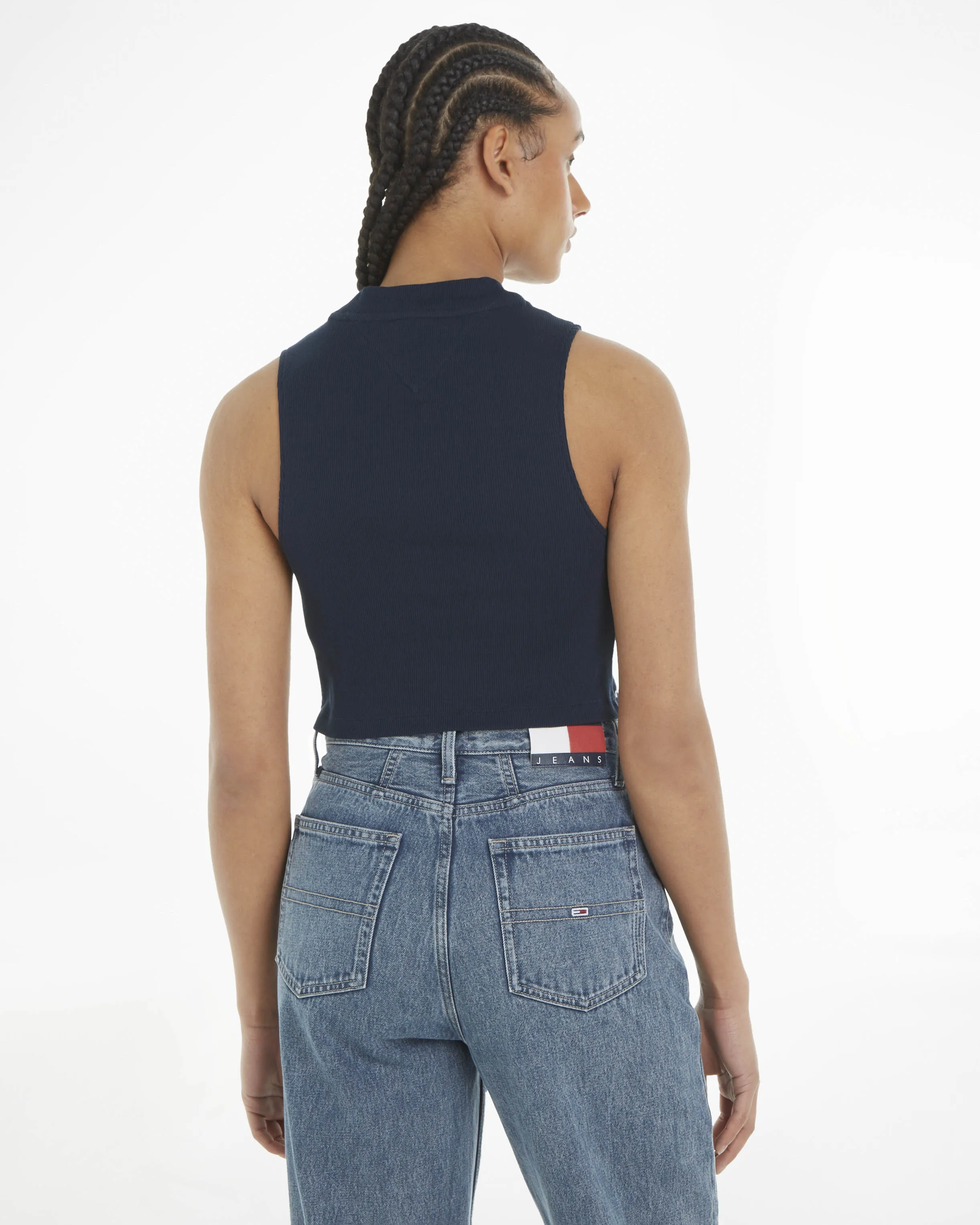 T-shirt blu cropped in misto cotone stretch a costine con colletto in piedi