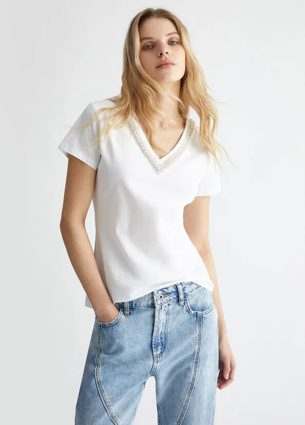 T-Shirt with Jewel Embroidery / White