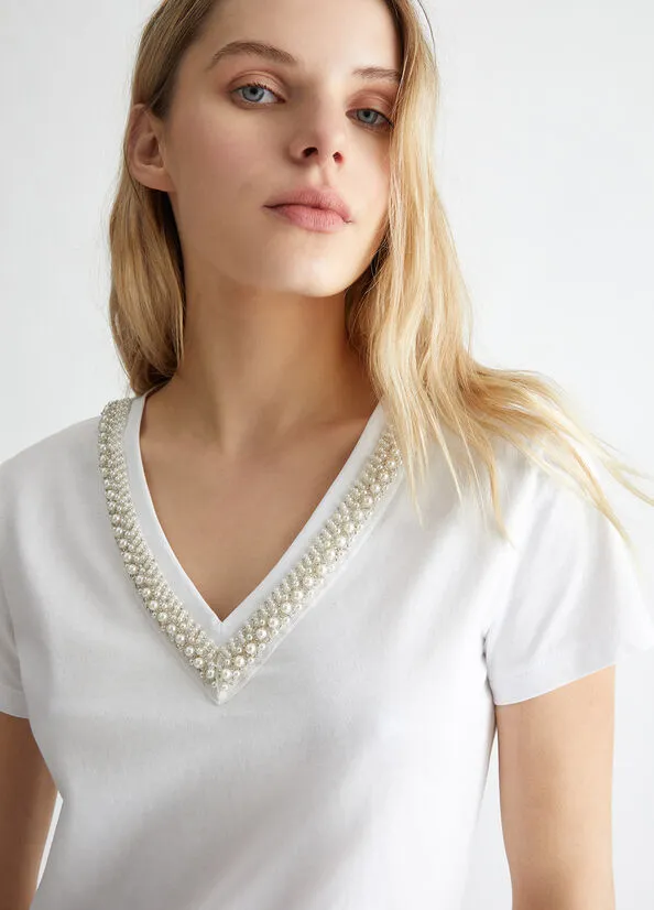 T-Shirt with Jewel Embroidery / White