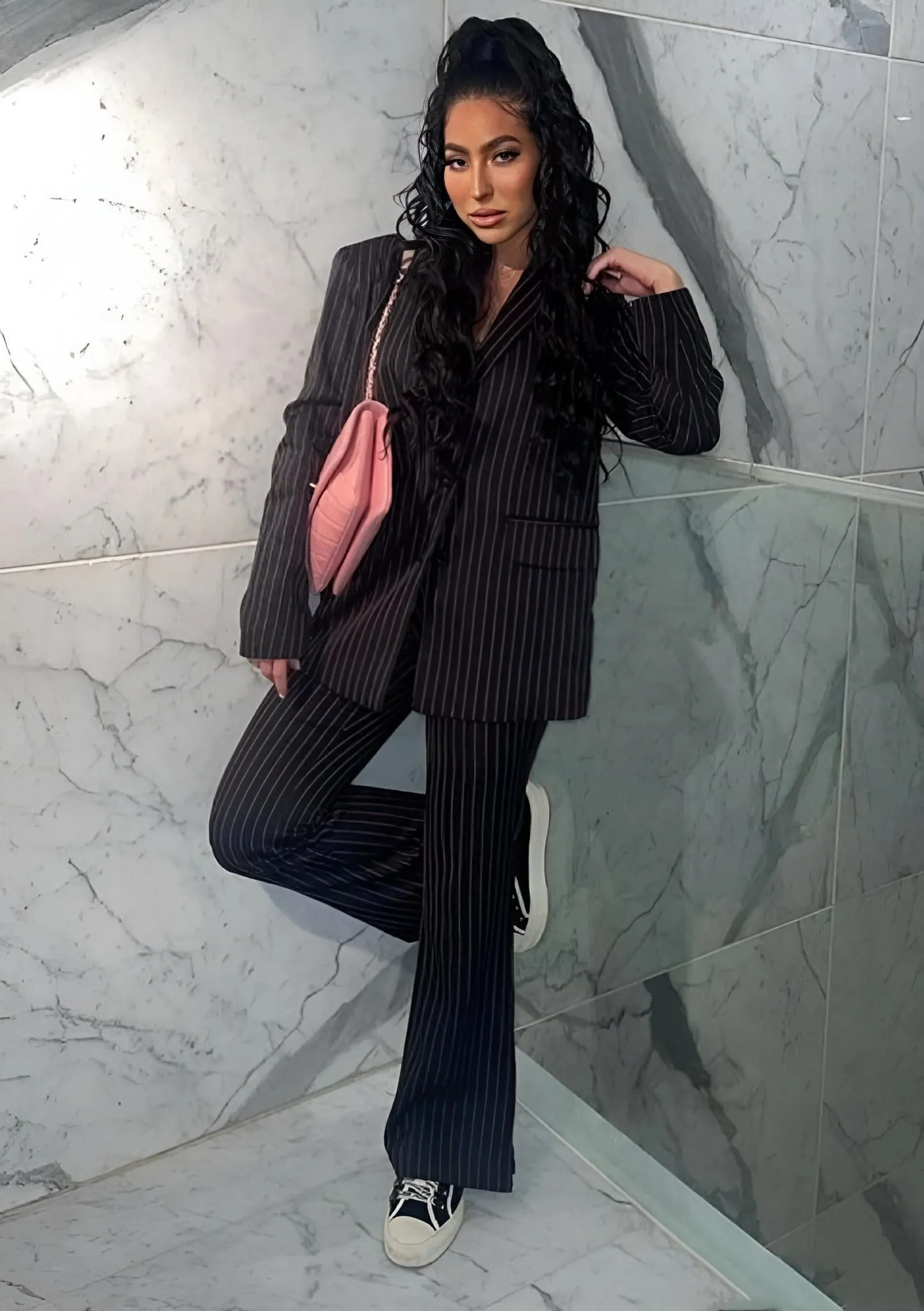 Tailleur Donna Giacca Bottone Pantalone Palazzo Gessato Casual Elegante