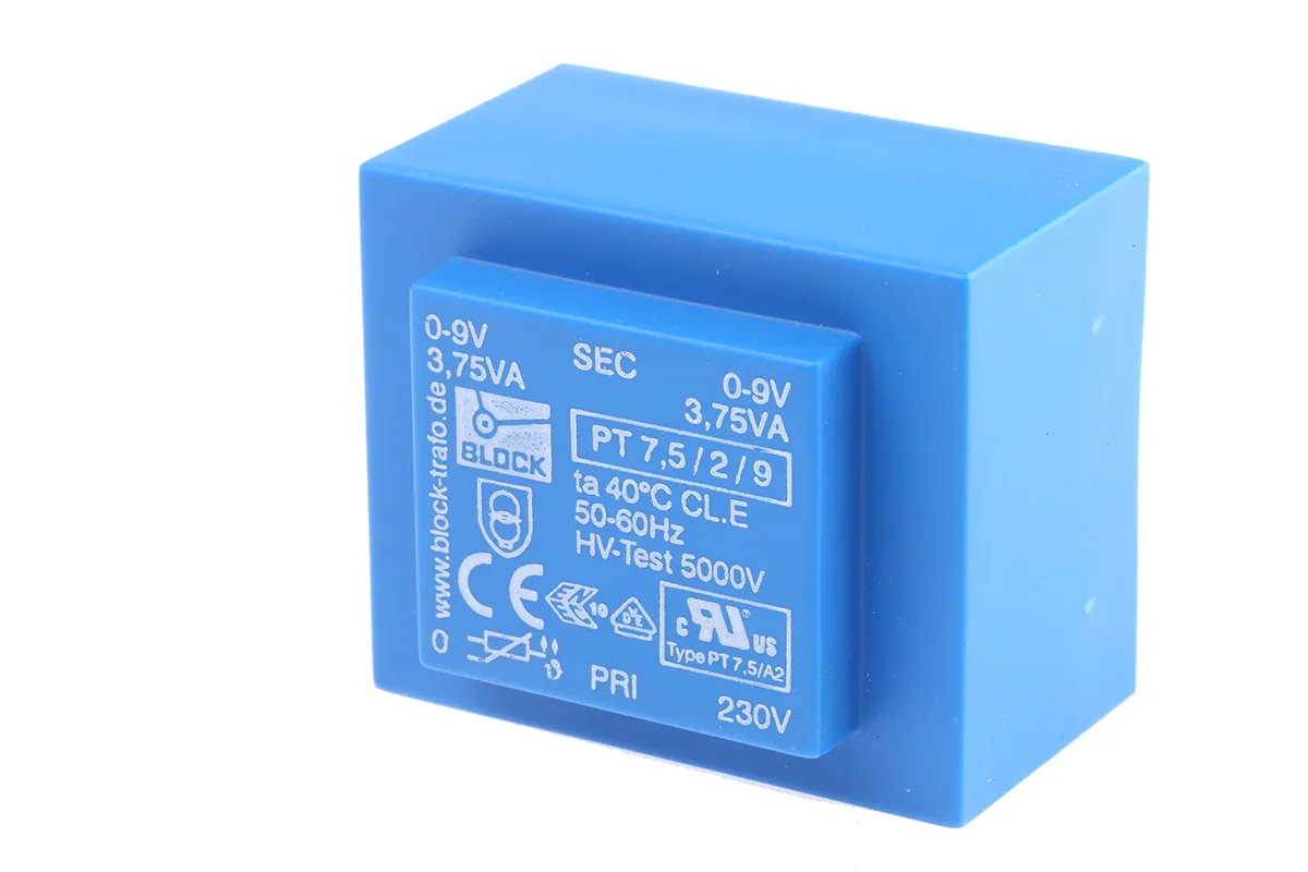 Trasformatore per PCB Block, 7.5VA, primario 230V ca, secondario 9V ca, 2 uscite