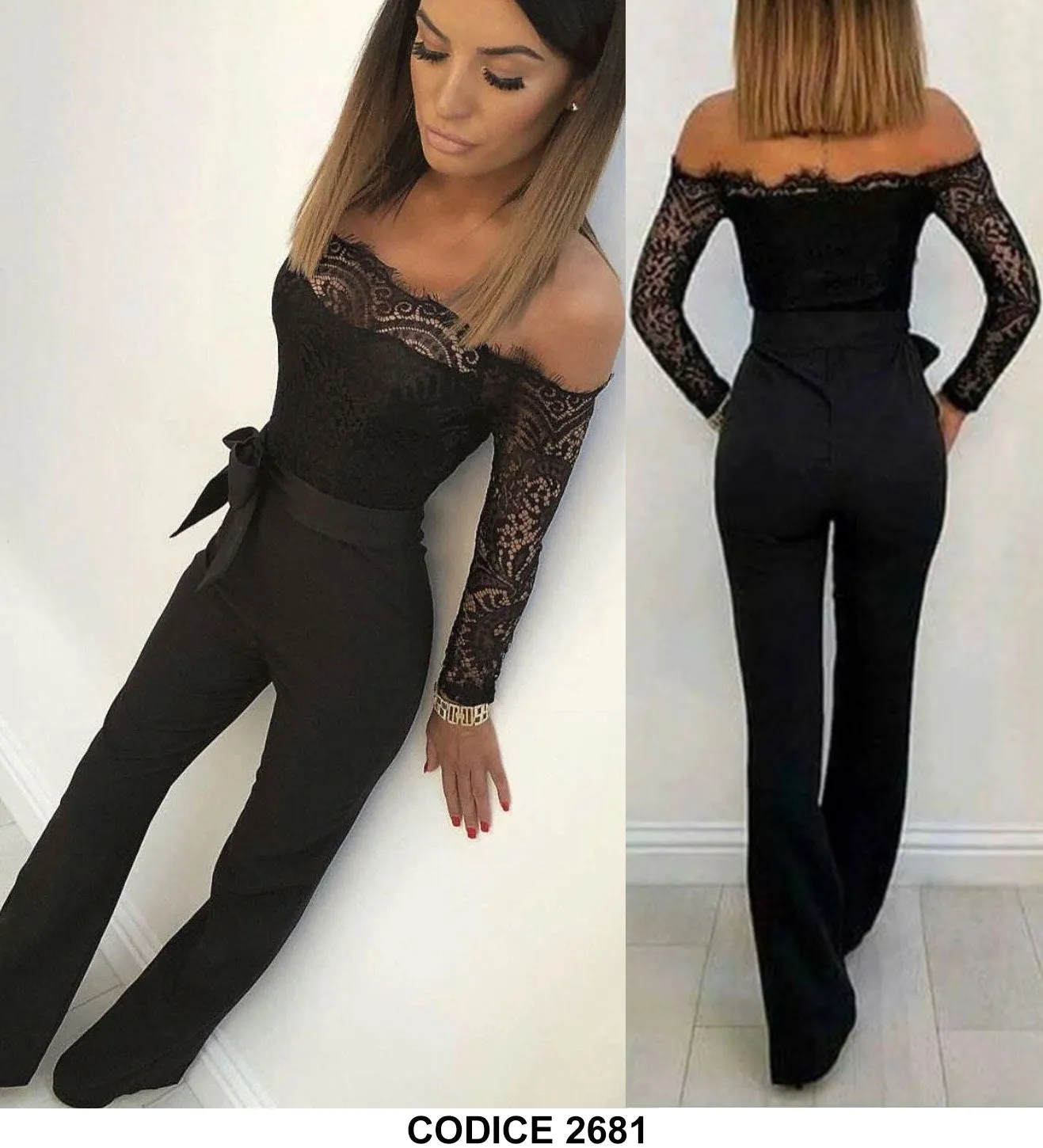 Tuta Donna Intera Elegante Jumpsuit Cocktail Schiena scoperta Finiture in pizzo Merlettato Cerimonia Nero - 2681Out