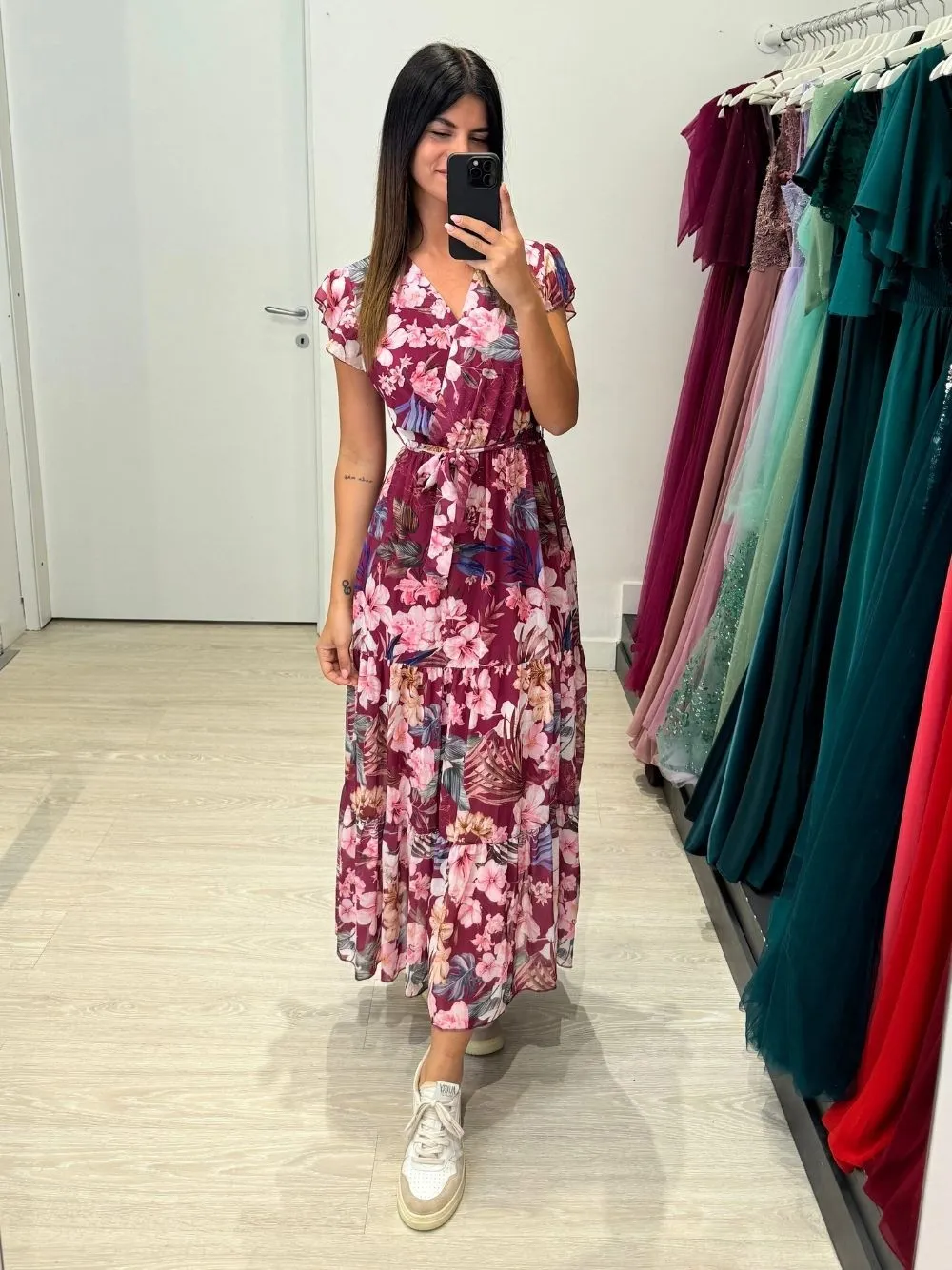 Vestito lungo manica volant fiori