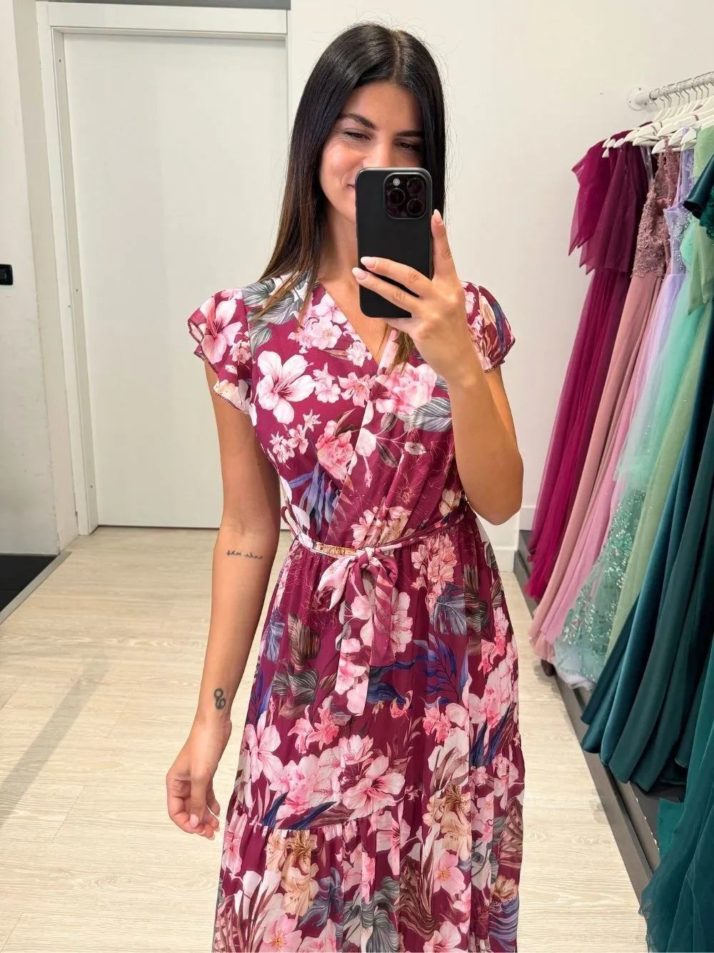 Vestito lungo manica volant fiori