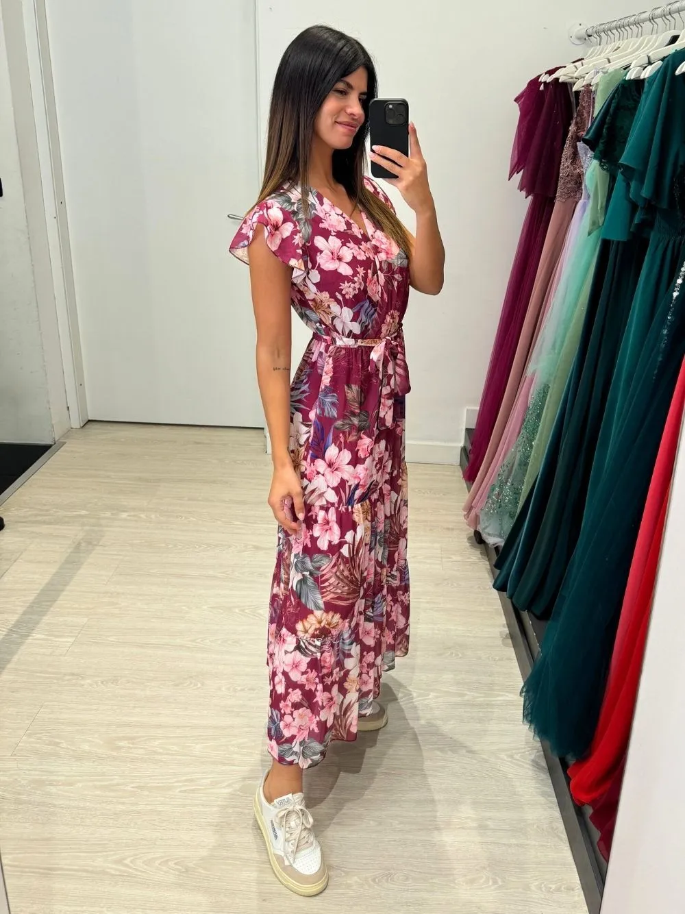 Vestito lungo manica volant fiori