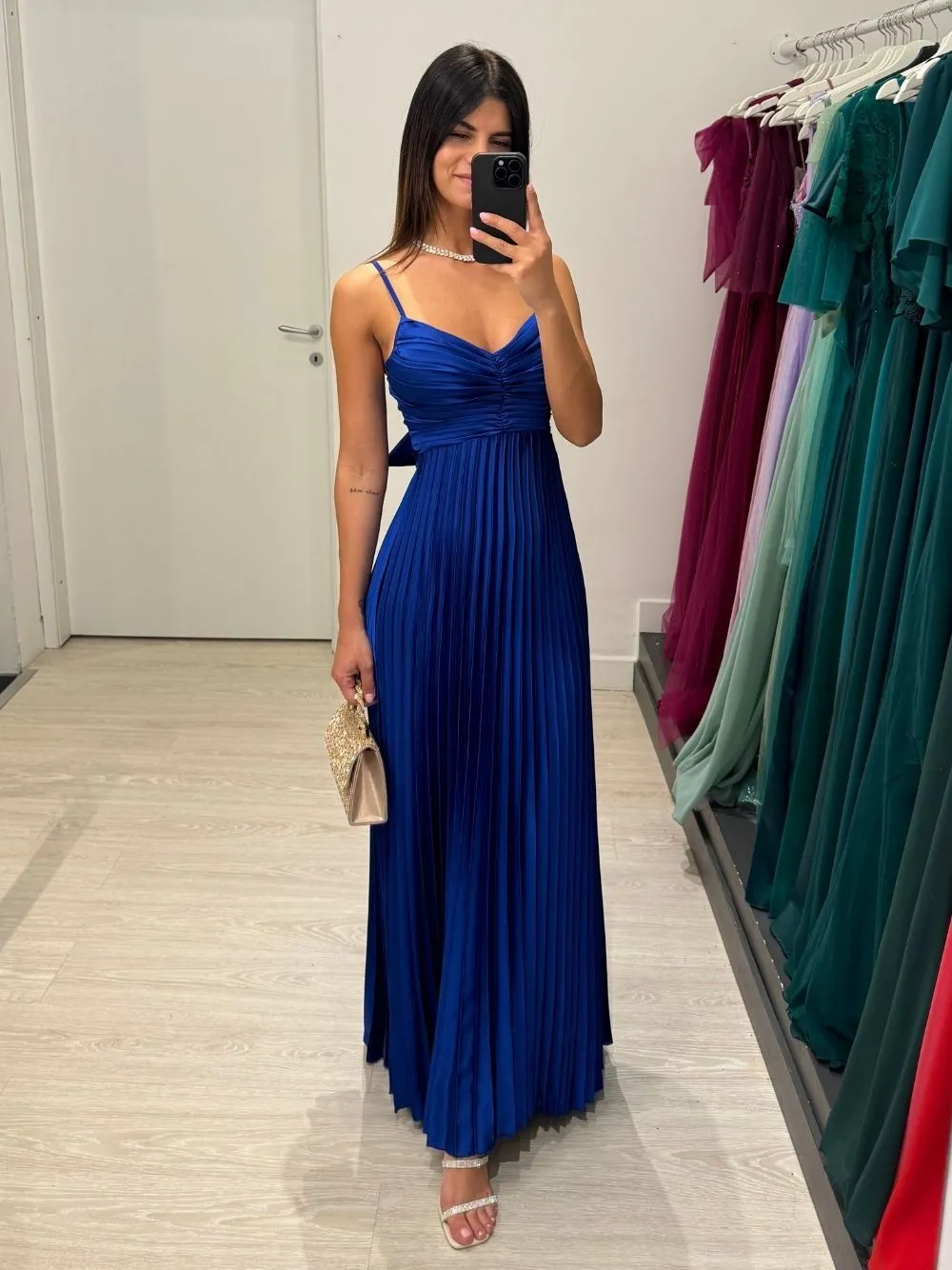 Vestito lungo plisse fiocco dietro