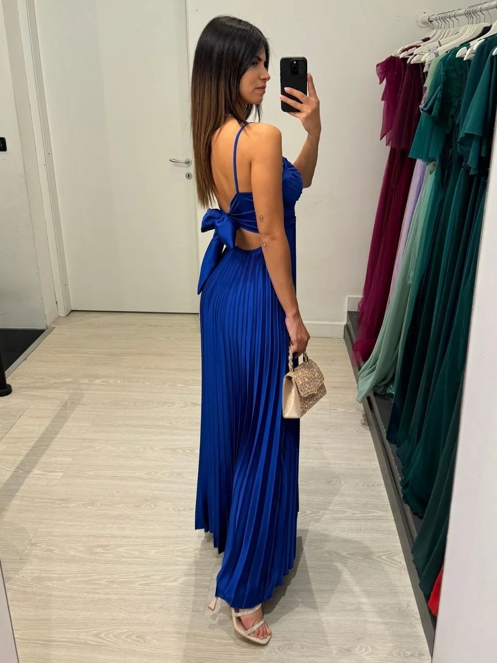 Vestito lungo plisse fiocco dietro