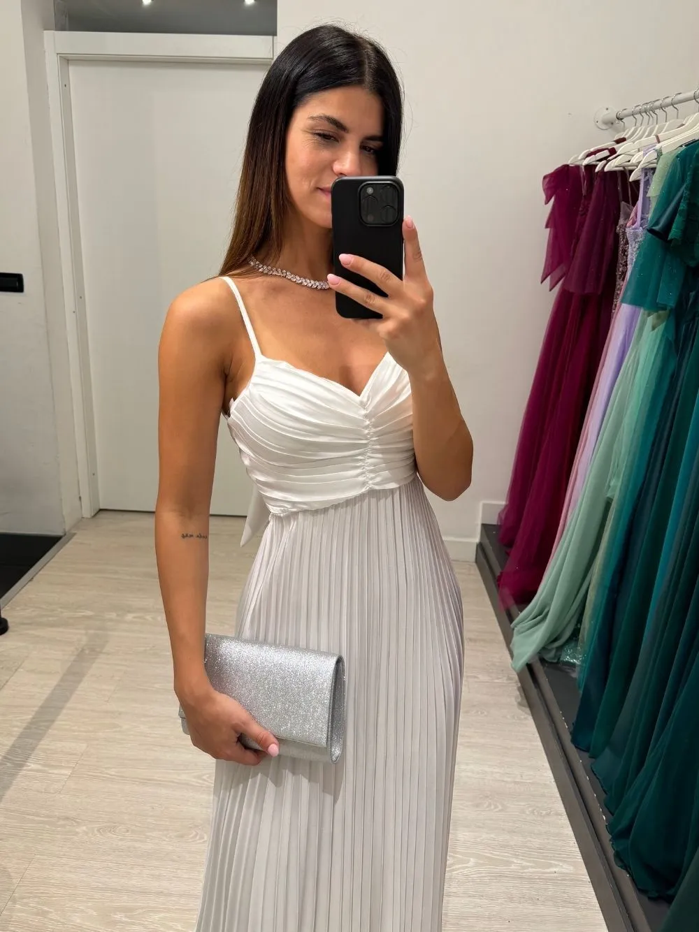 Vestito lungo plisse fiocco dietro