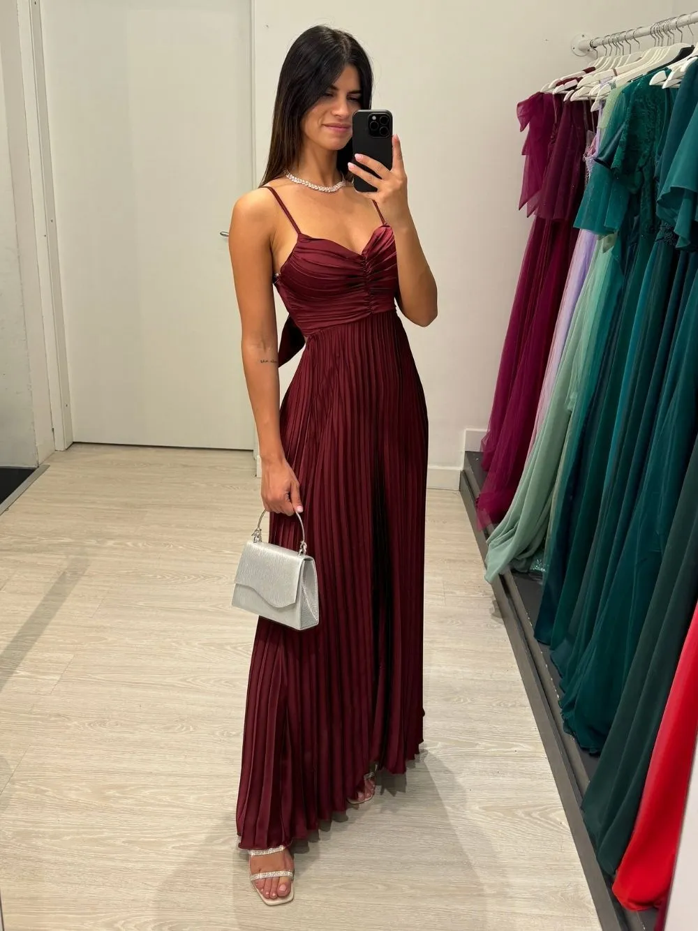 Vestito lungo plisse fiocco dietro