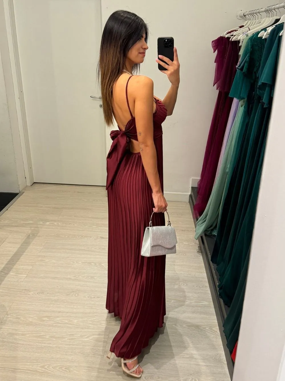 Vestito lungo plisse fiocco dietro
