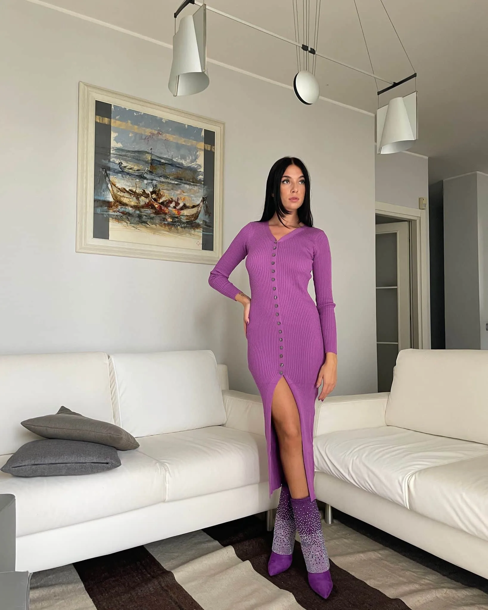 Vestito midi in maglia - Magenta