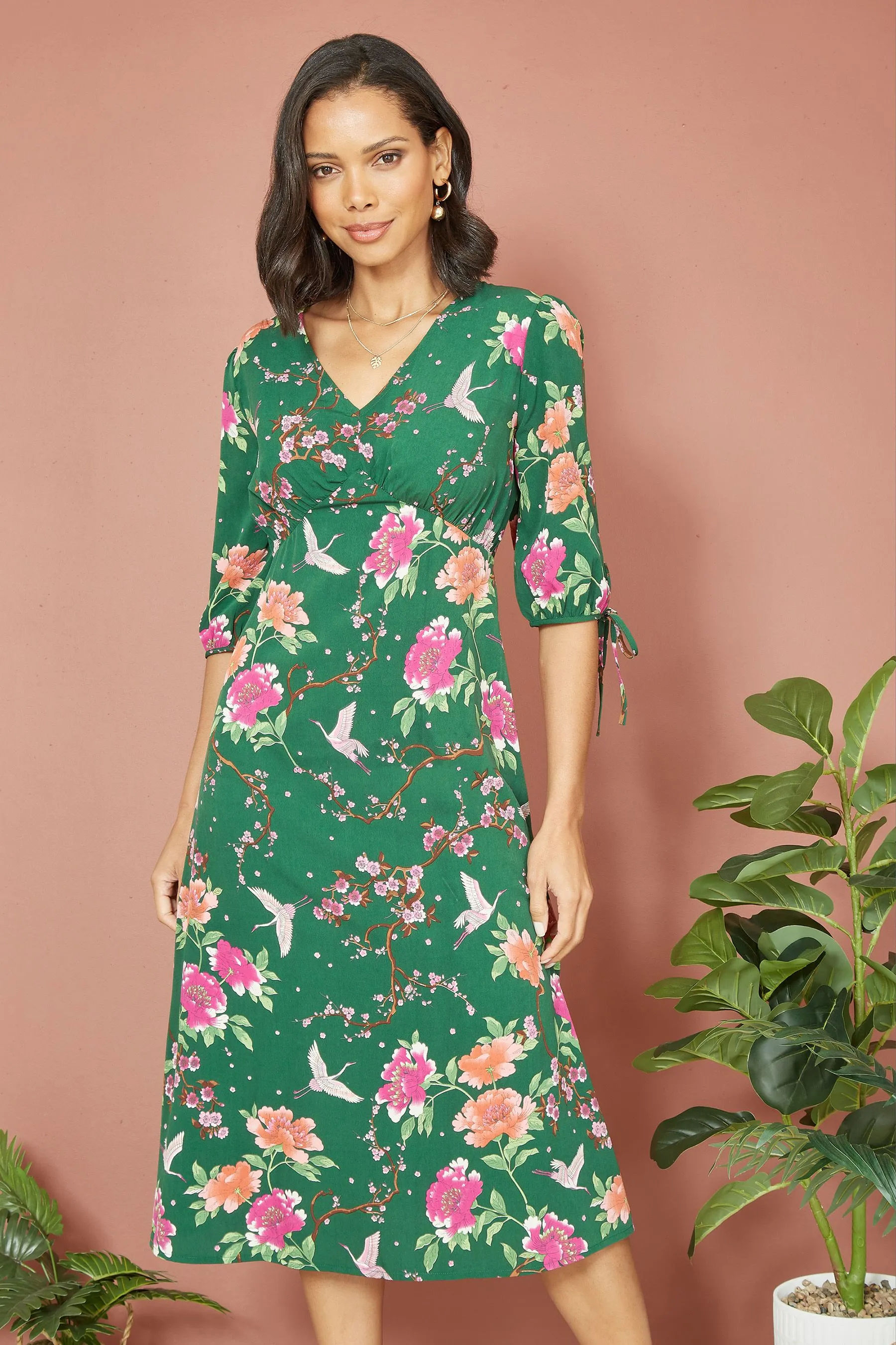 Yumi - Abito midi a kimono con Stampa e gru